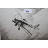 Geoffrey Watson signed etching, study of an early aircraft in flight, 10ins x 12.5ins