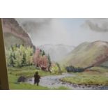 20th Century watercolour, river landscape with angler, signed with monogram, 13ins x 17ins, gilt