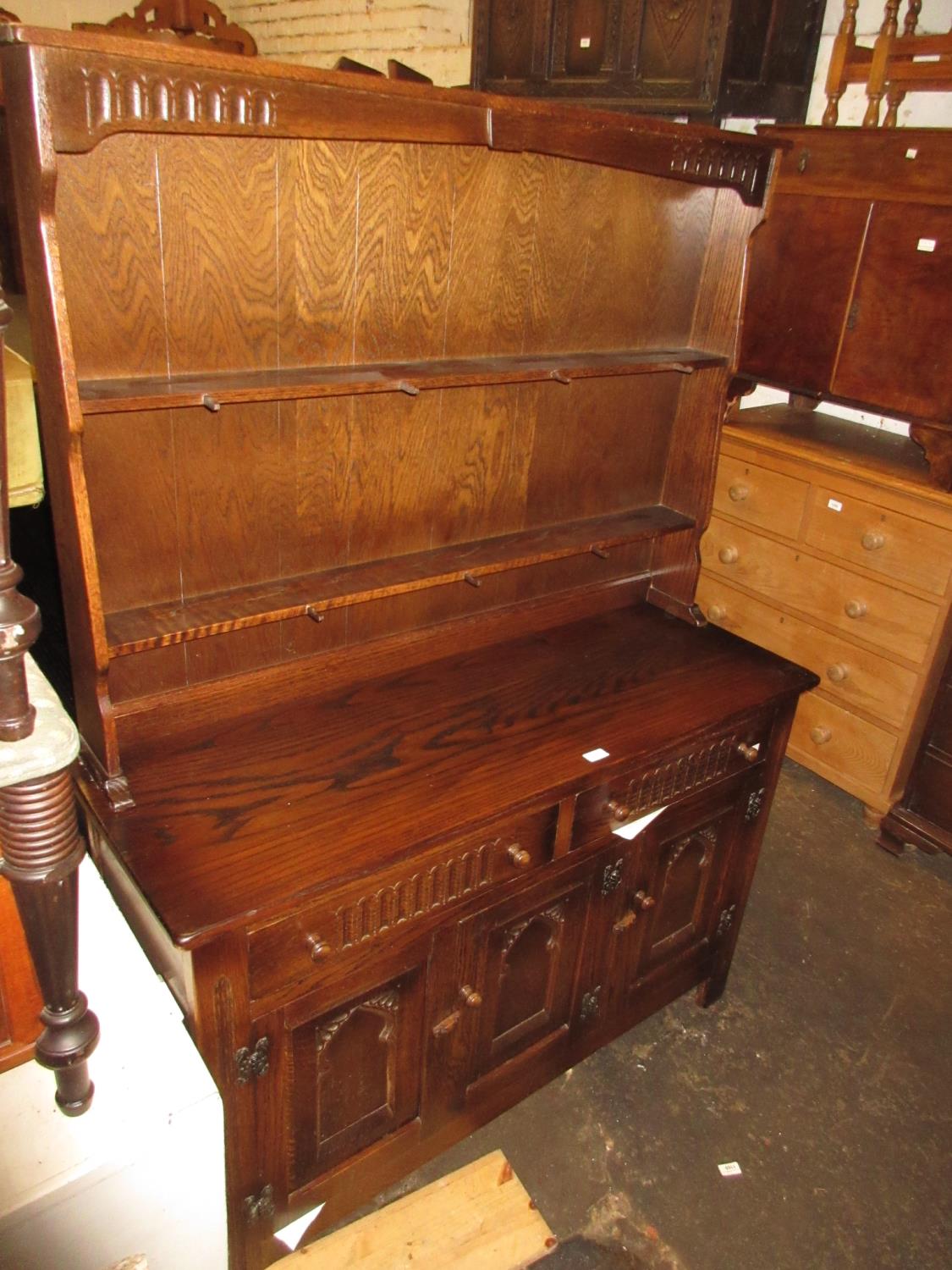 Small mid 20th Century oak draw-leaf dining table, a set of six (four plus two) ladderback dining - Image 4 of 4