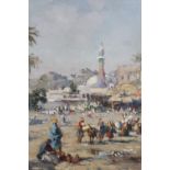 Valery Sekret, Russian oil on canvas board, Middle Eastern market scene with various figures, signed