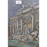 20th Century watercolour and gouache on blue paper, study of the Trevi Fountain, Rome, gilt
