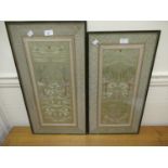 Two Chinese silkwork sleeve type panels of birds and buildings in landscapes, framed, each 9ins x