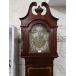 Early 20th Century mahogany and inlaid longcase regulator clock, the broken arch hood above an