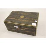 Victorian coromandel and brass inlaid rectangular fold-over writing slope (split to top), together