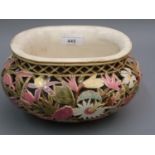 Zsolnay Pecs jardiniere of oval reticulated floral design, impressed and printed marks to base (