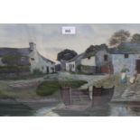 James W. Milliken, watercolour, Continental village scene with chain ferry to the foreground, signed