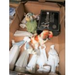 Two Lladro figures, various Royal Doulton and other figures (some damages) and a boxed set of cut
