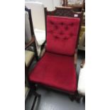 Victorian carved beechwood and red button upholstered low seat nursing chair together with a set