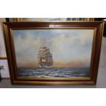 Anthony Hedges, oil on canvas, three masted clipper at sea, signed, 24ins x 36ins, gilt framed