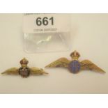 9ct gold enamel decorated RAF brooch together with a similar brooch (unmarked)