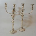 Pair of 19th Century plate on copper three light candelabra, 20ins high