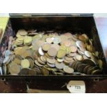 Black wooden box containing a collection of World coins