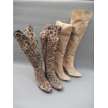Pair of Russell & Bromley leopard print suede ladies knee high boots, 1in block heels, size 38.5
