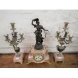 Late 19th Century French dark patinated spelter gilt brass and pink veined marble three piece