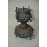 Asian dark and green patinated bronze three section food vessel with ring side handles, relief