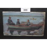 Russian oil on canvas laid on board, lake scene with figures in an open boat, monogrammed, also
