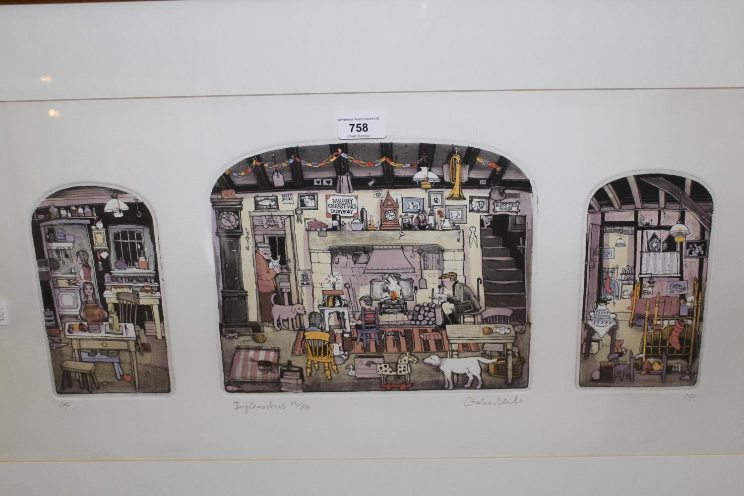 Graham Clarke, triptych coloured engraving titled ' Inglenookers ', Limited Edition No. 12 of 400,