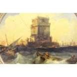 19th Century circular gilt framed oil, shipping off a continental port (Lisbon)