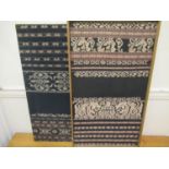 Two Indonesian textile panels mounted (one framed), 31ins x 17.5ins