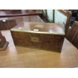 Victorian burr walnut and brass bound rectangular fold-over writing box, the hinged cover