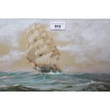 David Roy MacGregor R.S.M.A., signed gouache painting, three masted sailing vessel at sea, 10ins x
