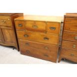 19th Century mahogany and brass bound two part secretaire military chest, the fitted central