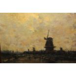 Oil on panel, Dutch canal scene with windmills at sunset, heavy gilt framed, 8ins x 12ins