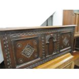 18th Century oak three panel coffer Splits to all three lid panels and minor all-over bumps and