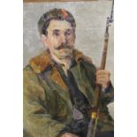 Russian oil on canvas laid on board, portrait of a gentleman holding a rifle, signed, inscribed