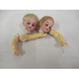 Two miniature bisque dolls heads and various loose limbs