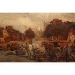 Phil Smith signed oil on canvas laid on board, village street with figures and horses, dated 1903,
