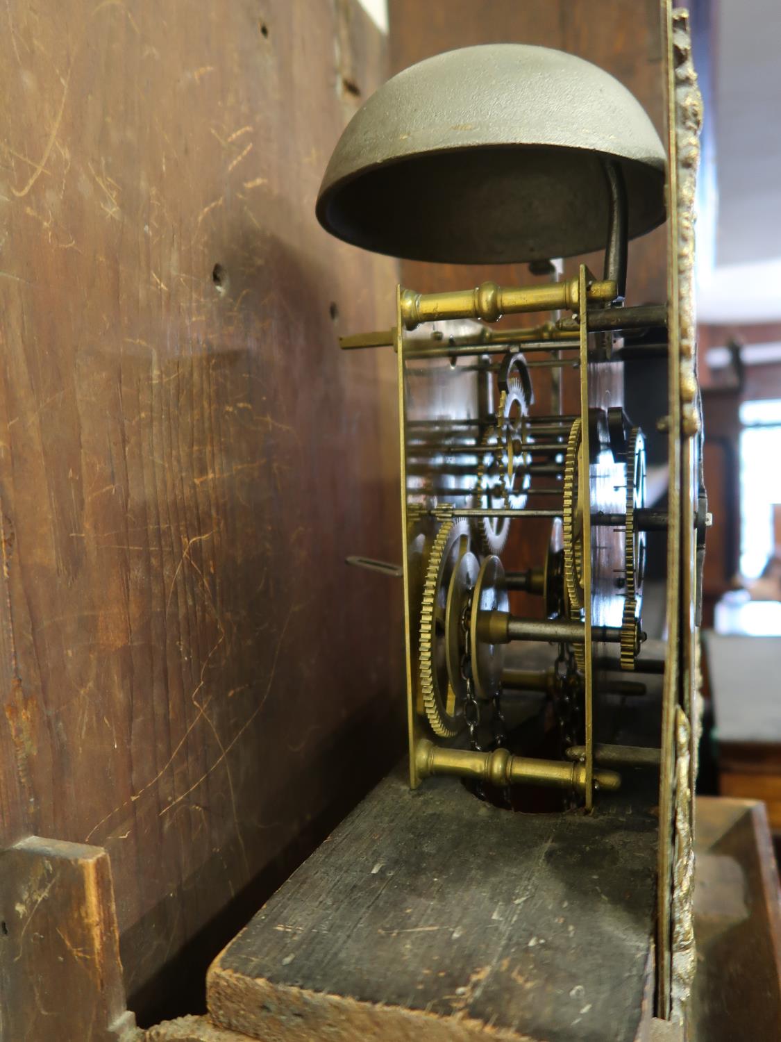 19th Century oak and mahogany banded longcase clock, the brass dial with Roman numerals and single - Image 4 of 4