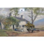 Warren Williams ARCA, watercolour, figures with pony and cart outside a rural cottage in a