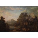 Early 19th Century oil on canvas, figure by lakeside ruins, gilt framed, 9ins x 12.5ins