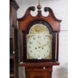 George III oak and mahogany crossbanded longcase clock, the arched hood with a swan neck pediment