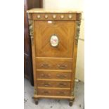 20th Century French Kingwood line inlaid gilt brass and porcelain mounted side cabinet, the pink