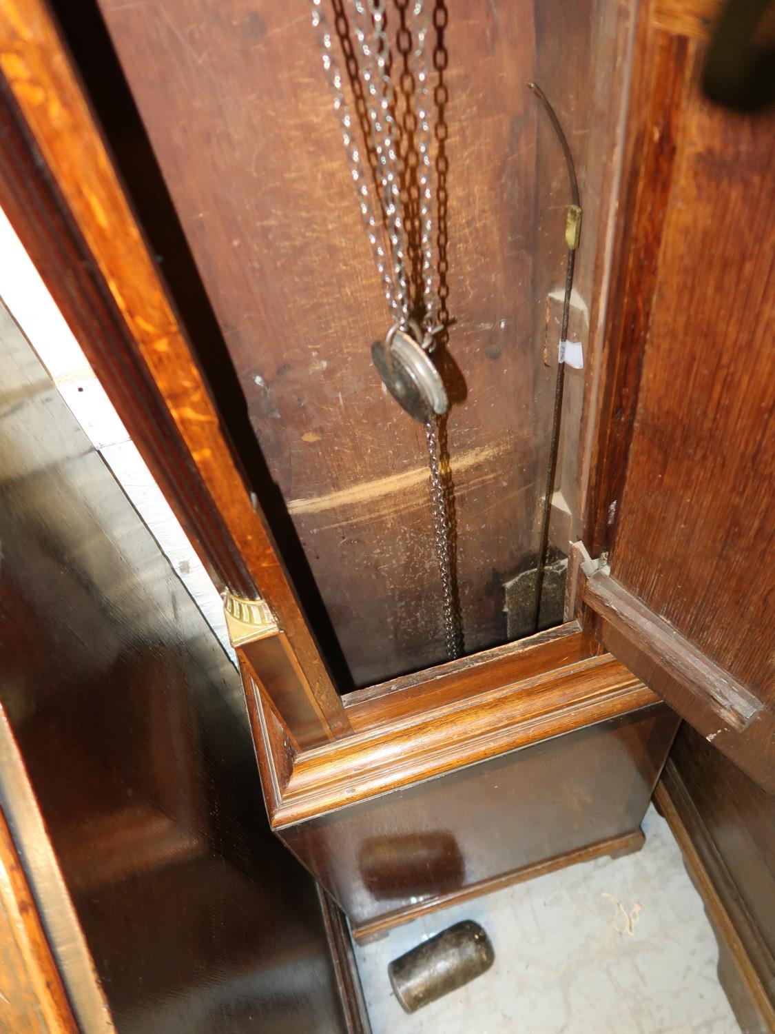 19th Century oak and mahogany banded longcase clock, the brass dial with Roman numerals and single - Image 3 of 4