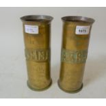 Pair of First World War trench art shell cases, inscribed Souvenir de Arras and Souvenir de Somme,