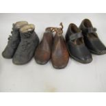 Pair of 19th Century childrens shoe trees and two pairs of childrens leather shoes