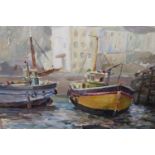 Two framed oils, Cornish fishing village with boats, 11.5ins x 14ins, and study of a seascape with