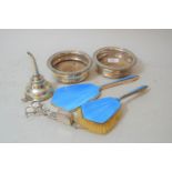 Pair of 19th Century plated bottle coasters, white metal wine funnel and a pair of wick trimmers