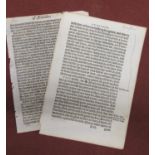 Two 16th Century printed leaves by Richard Grafton 1543 and William Howell 1584, 7.5ins x 5.5ins