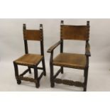 Set of eight (six plus two) Spanish oak dining chairs with tan leather backs and seats on shaped