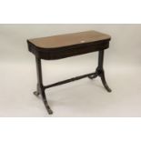 George IV mahogany and black line inlaid D-shaped fold-over card table, raised on rectangular cut