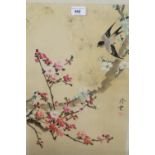 Pair of Chinese watercolours on silk, flowers, birds and blossom, bearing character marks, 21ins x