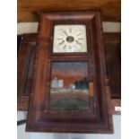 19th Century American mahogany wall clock, the rectangular ogee moulded case with the reverse