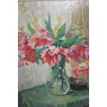 20th Century oil on board, still life vase of flowers, together with a woolwork picture, figures