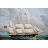 Modern oil on canvas, portrait of a three masted sailing ship at sea, signed D. Tayler, 20ins x