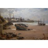 Warren Williams ARCA, oil on canvas, coastal harbour scene with figures and boats to the foreground,