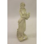 Weathered re-constituted stone figure of a classical maiden carrying an amphora on a plinth base,